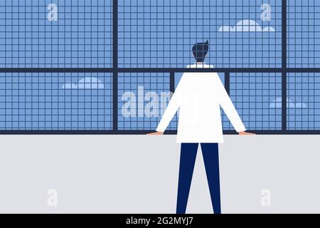 A man with his head popping out of a mesh wall looking at the sky Stock Vector