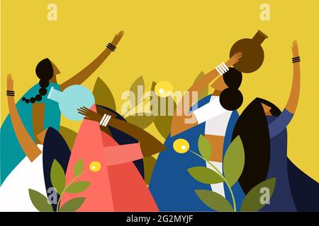 Illustration of Indian rural women holding water pots in their heads Stock Vector