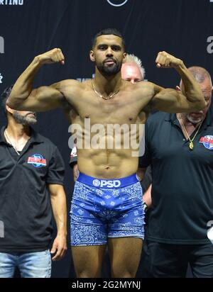 Hollywood, USA. 11th June, 2021. HOLLYWOOD, FLORIDA - JUNE 11: TikTok personality Nate Wyatt poses on the scale during the LiveXLive's Social Gloves: Battle Of The Platforms Pre-Fight Weigh-In at Hard Rock Live! in the Seminole Hard Rock Hotel & Casino on June 11, 2021 in Hollywood, Florida. (Photo by JL/Sipa USA) Credit: Sipa USA/Alamy Live News Stock Photo