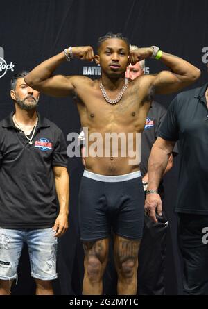 Hollywood, USA. 11th June, 2021. HOLLYWOOD, FLORIDA - JUNE 11: YouTube personality DDG poses on the scale during the LiveXLive's Social Gloves: Battle Of The Platforms Pre-Fight Weigh-In at Hard Rock Live! in the Seminole Hard Rock Hotel & Casino on June 11, 2021 in Hollywood, Florida. (Photo by JL/Sipa USA) Credit: Sipa USA/Alamy Live News Stock Photo