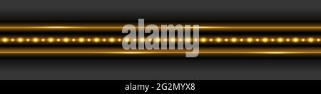 Golden glowing border with neon light effect. Shiny lines and LED strips with glare and shimmer. Gold trace on dark background, design element for dec Stock Vector
