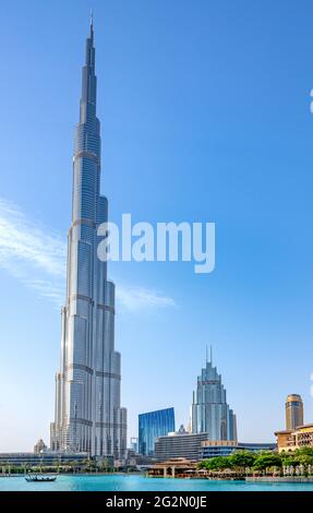 Dubai, United Arab Emirates - May 16, 2018: The Burj Khalifa tower seen from the lake of Emaar square Stock Photo