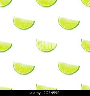 Green limes and lime slices repeat seamless pattern on white background. Stock Photo