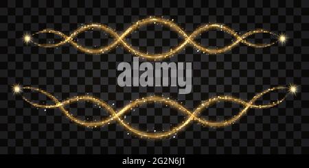Golden glow waves with neon shine, sparkles, stars and glitter particles. Golden borders, dingbats, abstract dynamic shapes. Vector illustration on tr Stock Vector