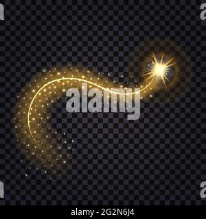Golden wave with light glowing effect. Shiny star with swirl trail and glitter, isolated design element  on transparent background. Vector illustratio Stock Vector