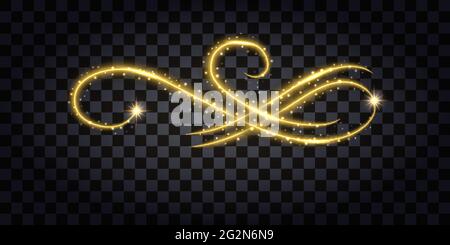 Gold glitter flourish. Design element isolated sith golden glow effect, sparkles and neon shine. Vector illustration Stock Vector