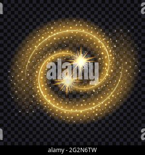 Light glowing effect swirls. Golden waves with shiny stars and sparkles on transparent background. Vector illustration Stock Vector