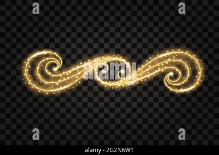 Flourish design element with gold glow effect. Decorative swirl with golden glittering, sparkles, shiny stars and dust particles. Vector illustration Stock Vector