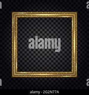 Gold square frame with glowing glitter effect. Isolated design element on transparent background with light shine, golden border for photo or poster. Stock Vector