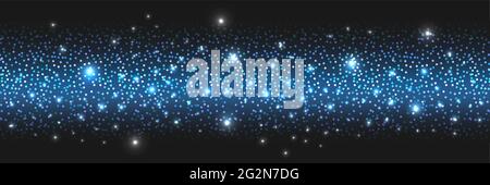 Blue glitter sparkles and glowing luminous stardust on dark background. Flying shiny Christmas sparks with shimmer light effect, luxury decorative bac Stock Vector