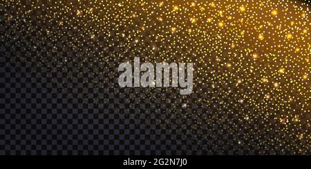 Gold glitter background with luminous flying sparkles and shiny stardust powder. Golden glowing light effect on dark transparent backdrop for Christma Stock Vector