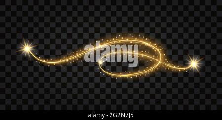 Gold flourish with glowing light effect, golden wave, stars and shiny sparkles. Design element isolated. Vector illustration Stock Vector