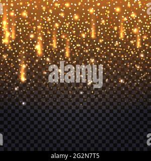 Glowing glitter background with shiny flying fire sparks and luminous star dust. Christmas decoration on transparent backdrop. Abstract vector illustr Stock Vector