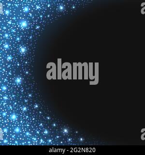 Blue glitter sparkles and glowing luminous stardust on dark background. Flying shiny Christmas sparks with shimmer light effect, luxury decorative bac Stock Vector