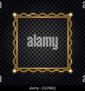 Gold square frame with glowing glitter effect. Isolated design element on transparent background with light shine, golden border for photo or poster. Stock Vector