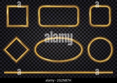 Set of gold glowing frames with neon light shiny effect, Design elements isolated, borders with sparkles and glitter. Vector illustration Stock Vector