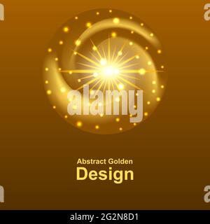 Gold glowing logo design. Dynamic golden wavy spiral swirl shape with shiny sparkles and light flash. Abstract vector illustration Stock Vector