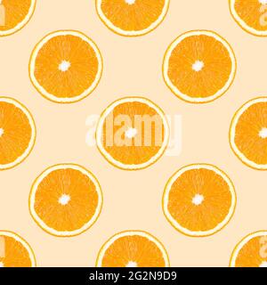 Seamless pattern made from orange fruit slices on a beige background. Stock Photo