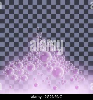 Soap foam with bubbles. Pink foam isolated on transparentr background. Vector illustration Stock Vector