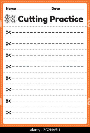 Paper cutting activities for kindergarten kids to cut the paper with scissors to improve motor skills, coordination and develop small muscles for pres Stock Vector