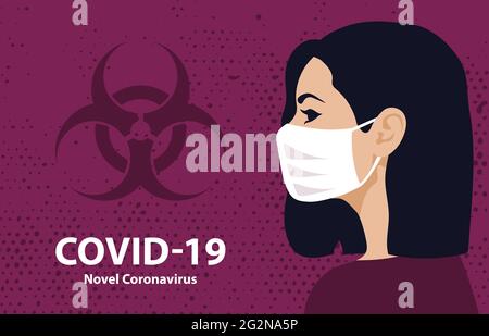 Novel coronavirus 2019-ncov pandemic. Covid-19 epidemy. Woman in medical face mask. Coronavirus quarantine. Vector banner with biohazard sign Stock Vector
