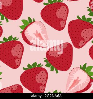 Seamless pattern with red strawberries on pink background Stock Vector