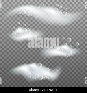 Soap foam with bubbles. Bath lather, set of isolated elements on transparent background. Vector illustration Stock Vector