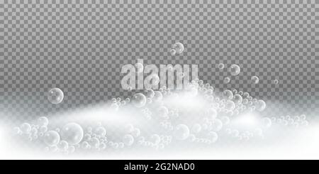 Soap foam with bubbles. Bath lather, isolated foam pattern on transparent background. Vector illustration Stock Vector