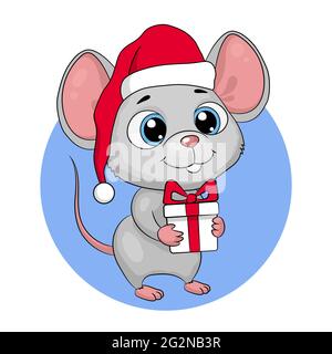 Cute cartoon mouse mouse in a santa hat with a gift. New Year greeting card, vector illustration Stock Vector