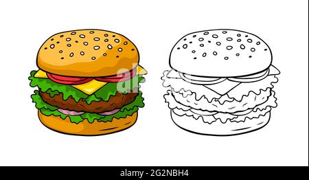 Hamburger vector illustration. Coloring book page Stock Vector