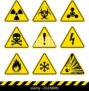 Warning signs set. Danger icons. Radiation sign. Biohazard sign. Toxic sign. Nuclear symbol. Flammable symbol. Attention signs. Stock Vector