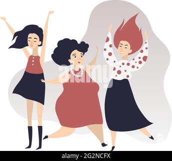 Dancing women. Happy disco dancing friends. Disco dancing graceful ladies. Funny cartoon style vector illustration on white background. Stock Vector