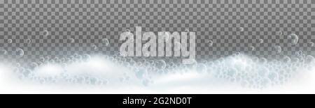 Soap foam with bubbles on transparent background. Bath lathe with fluffy texture Vector illustration Stock Vector