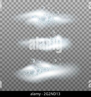Soap foam with bubbles. Bath lather, set of isolated elements on transparent background. Vector illustration Stock Vector