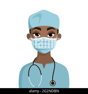 Сartoon portrait of a surgeon with a stethoscope. Doctor in a medical mask. Vector flat illustration Stock Vector