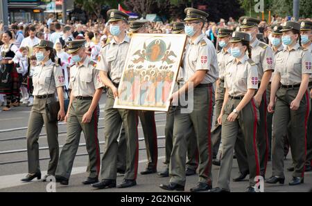 Belgrade, Serbia - June 10, 2021: Military Academy cadets participate in religious procession  to celebrate Belgrade’s Patron Saint’s Day - the Feast Stock Photo