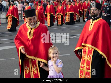 Belgrade, Serbia - June 10, 2021: Serbian orthodox priests participate in religious procession  to celebrate Belgrade’s Patron Saint’s Day - the Feast Stock Photo