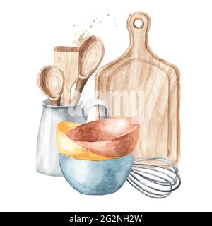 Baking watercolor illustration with kitchen utensils in a clay jag with ...