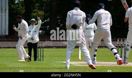 1st innings Moseley in field  Moseley Cricket Club v Kidderminster Cricket Club at Mosley CC Birmingham - Saturday 11th June 2021 Stock Photo