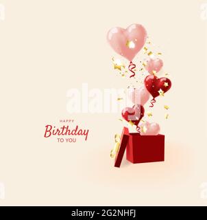 Realistic design concept open cardboard box, releasing helium balloon. Celebrate a birthday, Poster, banner happy anniversary. Vector 3d object ballon Stock Vector