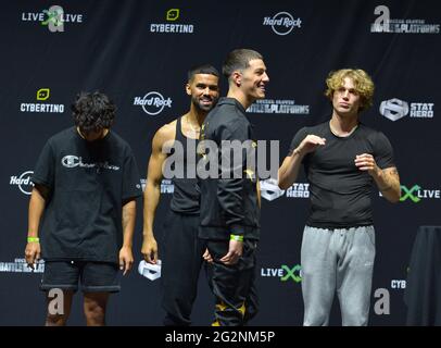 HOLLYWOOD, FLORIDA - JUNE 11: TikTok personality Michael Le, Nate Wyatt, Tayler Holder and Vinnie Hacker onstage during the LiveXLive's Social Gloves: Battle Of The Platforms Pre-Fight Weigh-In at Hard Rock Live! in the Seminole Hard Rock Hotel & Casino on June 11, 2021 in Hollywood, Florida. (Photo by JL/Sipa USA) Stock Photo