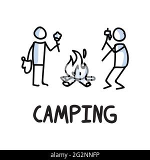 Stick figures icon of outdoor camping. Holiday pictogram with text Stock Vector