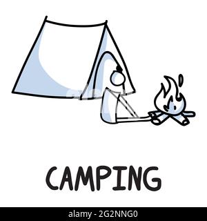 Stick figures icon of outdoor camping. Holiday pictogram with text Stock Vector