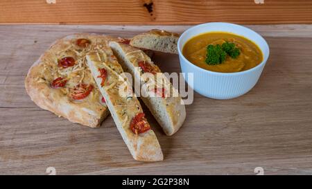 traditional Italian foccacia stuffing with cheese ham herbs and tomato Stock Photo