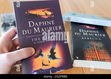 A man's hand holding a paperback of The Birds and Other Stories, a collection of stories by the English author Daphne du Maurier Stock Photo