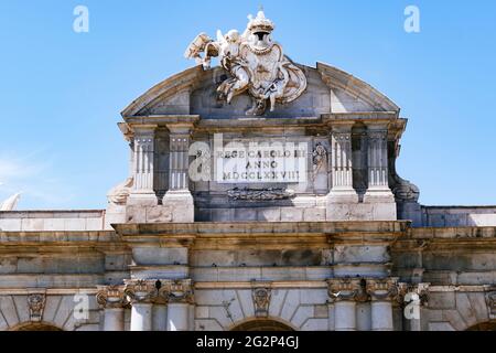 Detail. East side. The Puerta de Alcalá is one of the five old royal gates that gave access to the city of Madrid, is a Neo-classical gate in the Plaz Stock Photo