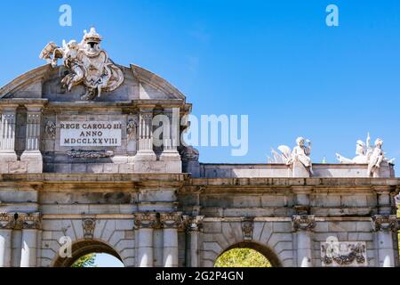 Detail. East side. The Puerta de Alcalá is one of the five old royal gates that gave access to the city of Madrid, is a Neo-classical gate in the Plaz Stock Photo