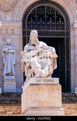 Statue of Isidore of Seville by José Alcoverro, 1892, outside the Biblioteca Nacional de España. Isidore of Seville was a Spanish scholar and cleric. Stock Photo