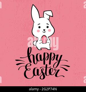 Happy Easter lettering. Hand drawn calligraphy with Easter rabbit. Greeting card with Easter bunny. Vector illustration Stock Vector