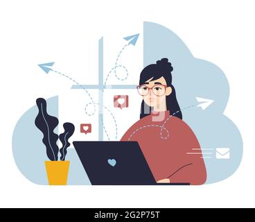 Stay home concept. Girl in glasses work on laptop at home. Coronavirus Covid-19 outbreak. Freelancer keeps social distancing. Trendy flat vector illus Stock Vector